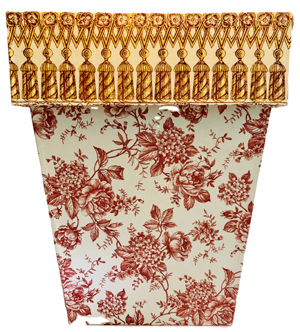 Waste Paper Basket with Tassel Fringe Cuff on Red Toile
