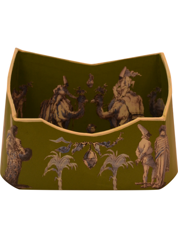 Baroque Letter holder in Tiepolo's Punchinello drawings in blue and white on moss