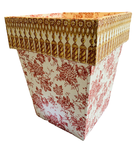 Waste Paper Basket with Tassel Fringe Cuff on Red Toile